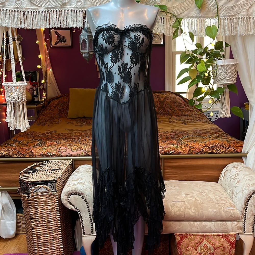 Vintage 80s Romantic Goth asymmetrical ruffle sheer lace strapless dress